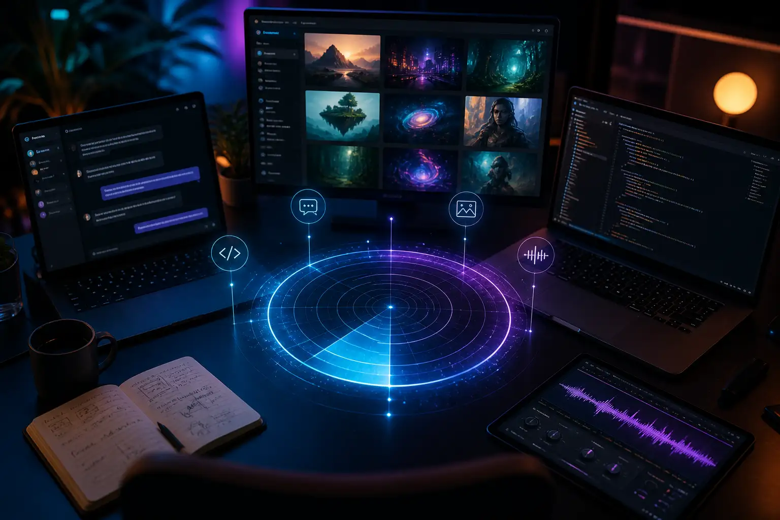 Mesa de trabajo con varias pantallas de herramientas de inteligencia artificial
